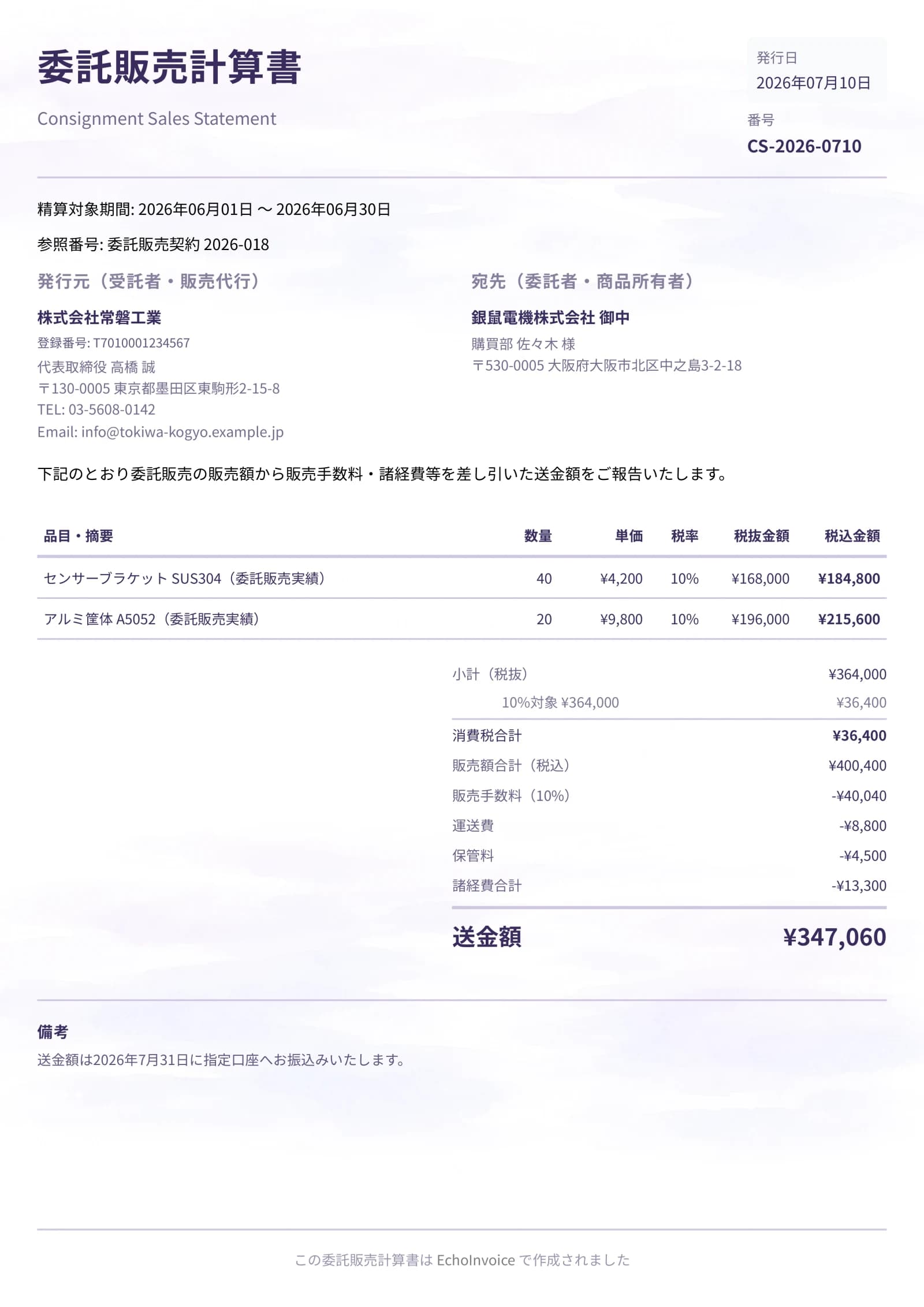 委託販売計算書のPDF出力サンプル