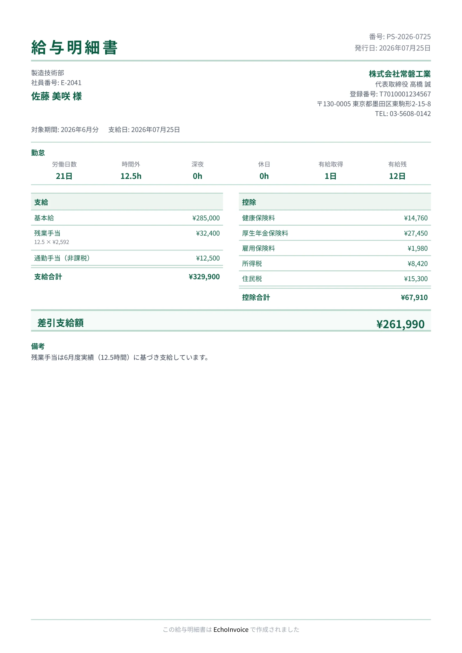 給与明細書のPDF出力サンプル