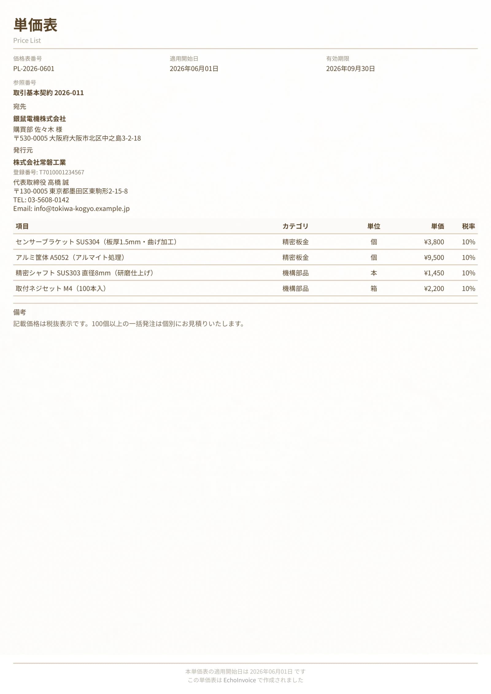 単価表のPDF出力サンプル