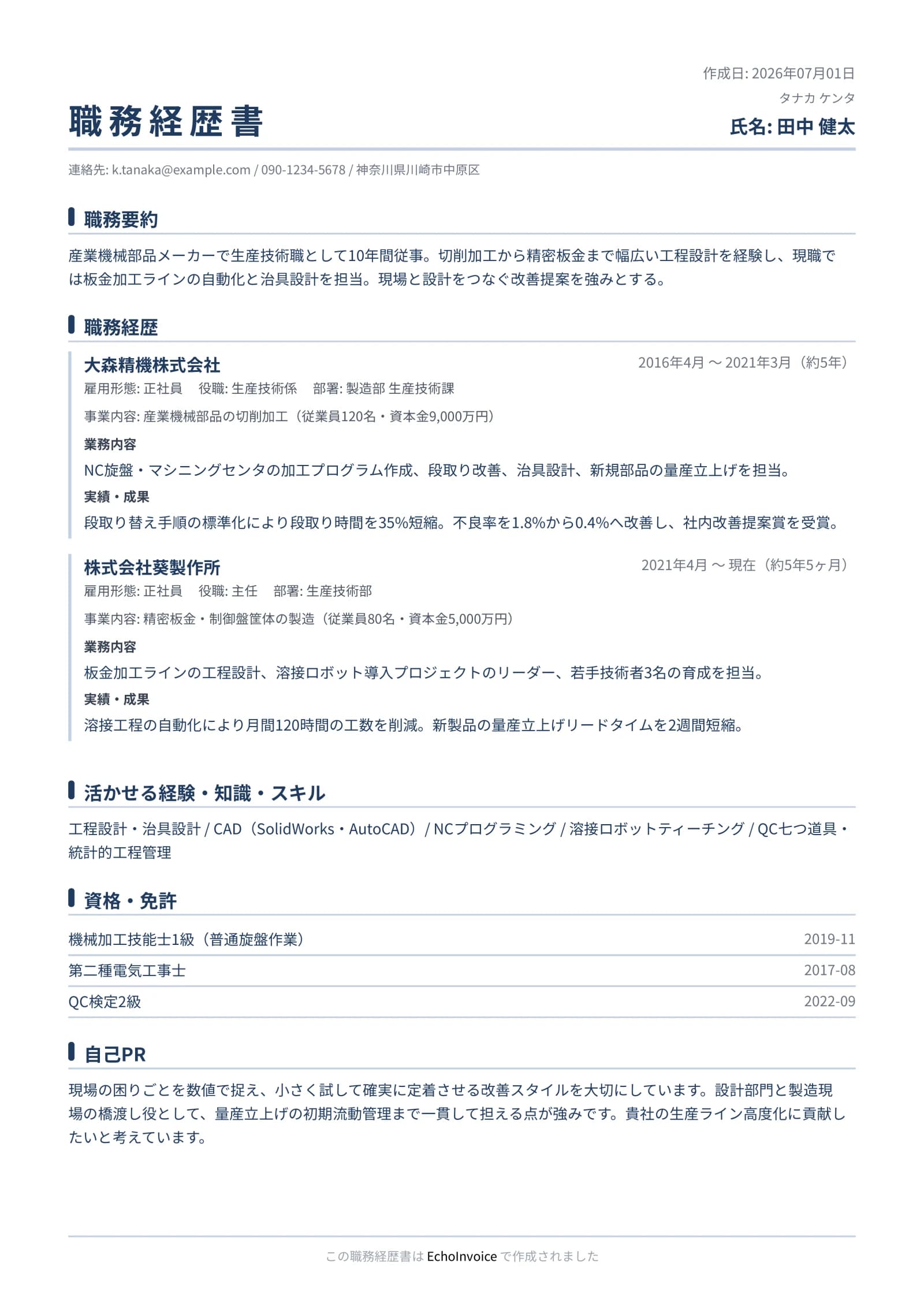 職務経歴書のPDF出力サンプル