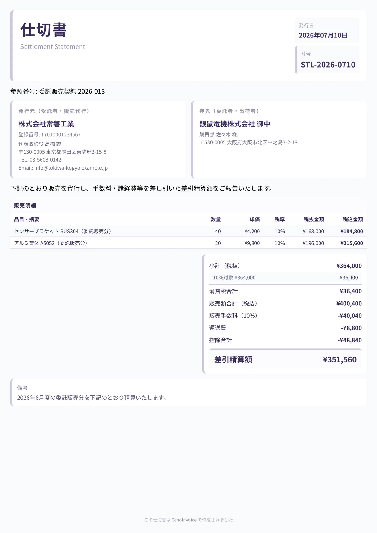 仕切書のPDF出力サンプル