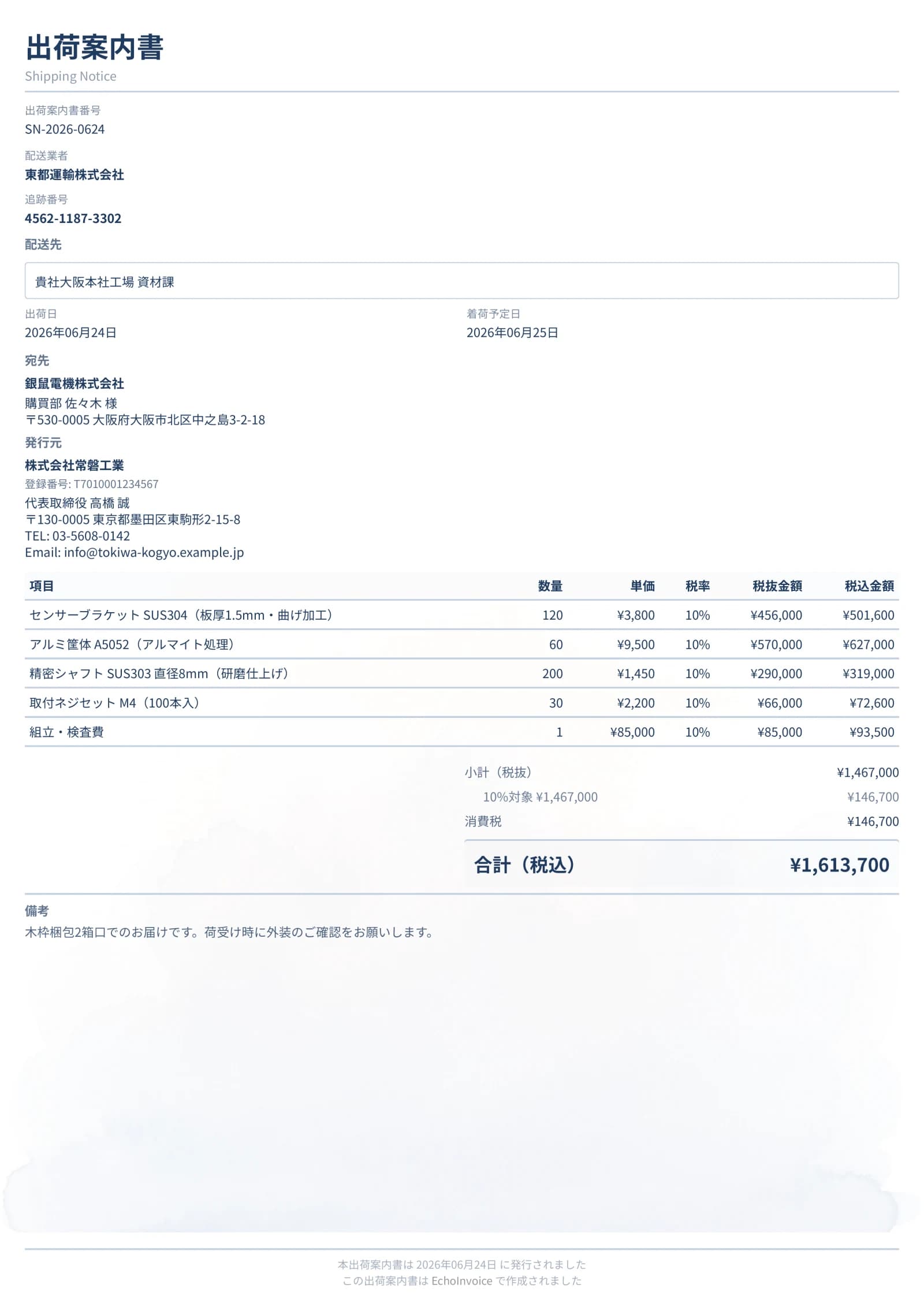 出荷案内書のPDF出力サンプル